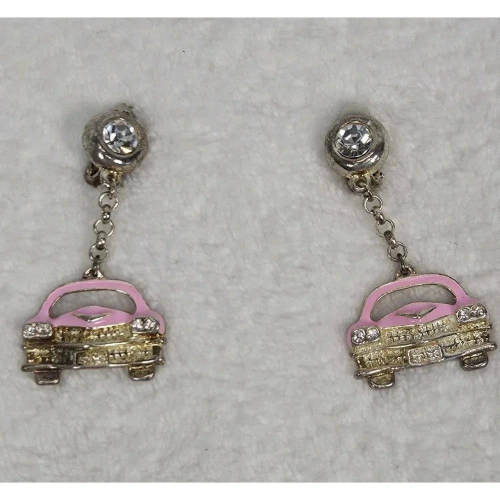 Vintage Mary Kay Pink Cadillac Earrings Rhinestone Kitsch Car Novelty